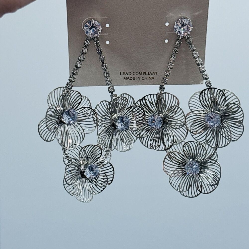 Natasha Silver Tone Wire Floral Rhinestone Statement Earrings NWT - Picture 6 of 9
